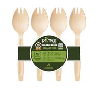 PRIMES ECO Disposable Birch Wood Spork 165mm - Single-Use Wooden Cutlery for Hot & Cold Foods, Parties, Catering, Events, Takeaway Meals, Picnic & Food Service Use (25, Sporks | 16.5cm)