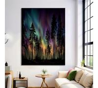 Primeval Forest Nature Large Canvas Wall Art, Pine Forest Northern Lights Prints Picture for Living Room Decor, Black Painting Wall Art Print on Canvas 60×80 cm Unframed