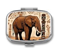 Primitive African Elephant Pill Box Travel Pill Organizer 2-Compartment with Mirror Design Portable Square Medicine Case for Vitamins, Jewelry & Essentials Durable Pocket Pillcase for Purse, Camping