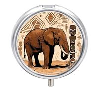 Primitive African Elephant pilldispenser with Mirror 3 Compartments Waterproof Pillcase for Purse Pocket Non-Slip Grip Travel Medicine Organizer Container Box for Vitamin Fish Oil Supplement