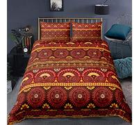Primitive Field Comforter Cover, Boho Bedding Floral Style Exotic Aboriginal Patterns Decor 3 Pieces Bedding Set Double(1 Duvet cover Set & 2 Pillowcase),Brown Red,With Zipper Ties Ultra Soft