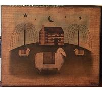 Primitive Folk Art Sheep, Log Cabin, Willow Trees 17.954 Print Retro Metal Tin Sign Vintage Sign for Home Coffee Wall Decor 6x8 Inch