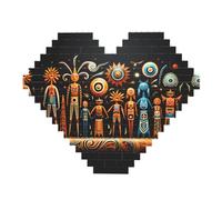 Primitive Totem Print Building Brick Block Puzzle - Heart Shaped Picture Puzzles, Wooden Picture Jigsaw Puzzles