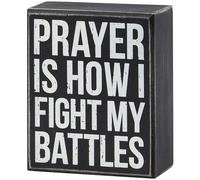 Primitives by Kathy Black/White Wood Box Sign Prayer Is How I Fight Battles Box Sign Sassy faith inspired Home décor sign/distressed style/office kitchen shelf table décor/faith-themed gift