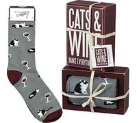 Primitives by Kathy Gift Socks, Wood, Cotton, Nylon, Spandex, Ribbon, Cats & Wine, One Size