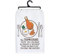Primitives by Kathy Kitchen Towel - Foods Touching, from Our Fall & Harvest Collection displaying a Colorful Hand Illustrated Design with a Fun Thanksgiving Sentiment