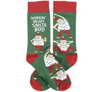 Primitives by Kathy Novelty Socks, colorful socks playful hand illustrated design/Santa exercising holding a cookie/humorous Workin' On My Santa Bod Cotton, nylon, spandex. One size/LOL Collection