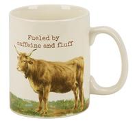 Primitives by Kathy Stoneware Coffee Mug, 18oz, Large Double Sided Design Fueled By Caffeine and Fluff, Farm Puns Collection | Farmhouse and Homestead Kitchen Decor