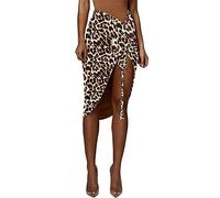 PRIMODA Women's Asymmetrical Bodycon Drawstring Ruched Midi Skirt with Thigh High Slit, Leopard, L