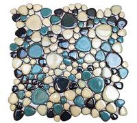 Primoon Interlocking Pebble Tiles 5 Sheets, Aqua Teal Blue Mosaic Tiles Mesh Mounted, Decorative Flat Pebbles for Kitchen Bath Backsplash Shower Floor