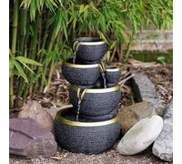 Solar Power 3 Tier Stacked Bowls Gold Edge Water Feature Cascade LED Lights 46cm Primrose Black One Size