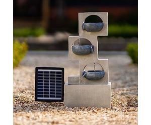 Primrose 53cm Solar Powered Grey Column Pouring Bowls Water Cascade 3 Tier Water Feature with Lights, Battery & Solar Panel