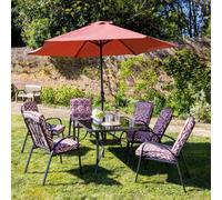 Primrose 6 Seater Garden Furniture Dining Set With Reversible Cushions And Crank Parasol In Wine