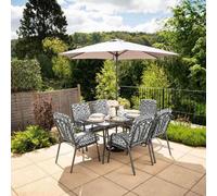 Primrose 6 Seater Garden Patio Dining Furniture Set With Crank Parasol In Grey Pattern