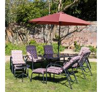 Primrose 6 Seater Reclining Garden Furniture Dining Set With Reversible Cushions And Crank Parasol In Wine