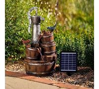 Primrose 62cm Solar Powered Birds At The Well and Buckets 3 Tier Cascading Water Feature Fountain in Brown with Battery Backup and Lights