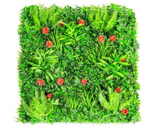 Primrose Artificial Mixed Plants Red Rose Green Wall Hedge 8 Panels 1M X 1M