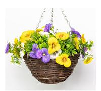 Primrose Artificial Pansy Flowers Rattan Hanging Basket Decoration Yellow Purple & White 25Cm