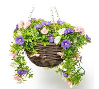 Primrose Artificial Petunia Flowers Rattan Hanging Basket Decoration Pink Purple & White 25Cm