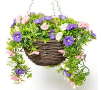 Primrose Artificial Petunia Flowers Rattan Hanging Basket Decoration Pink Purple & White 25cm Primrose Multicolor