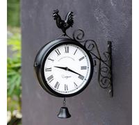 Primrose Double Sided Station Wall Clock With Bell Cockerel Black Bracket 30Cm