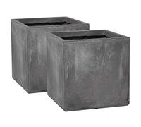 Primrose Garden Fibrecotta Cement Finish Cubic Planter Medium x2, Frost Resistant Outdoor Planter with Drainage Hole, 30cm