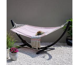 Primrose Garden Hammock with Free Standing Wooden Stand in Charcoal With Spreader Bar Blush Pink Cotton Blend