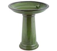 Primrose Glazed Ceramic Pedestal Outdoor Garden Bird Bath in Green Primrose Green