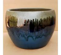 Primrose Glazed Round Outdoor Clay Planter in Two Tone Blue and Gold 22cm
