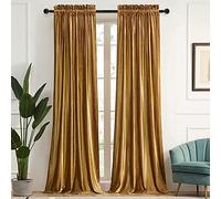 PRIMROSE Gold Curtains 90 inch for Living Room 100% Polyester Velvet Blackout Rod Pocket Window Drapes Treatment Semi Room Darkening Decor Golden Curtains for Bedroom Set of 2 Panels