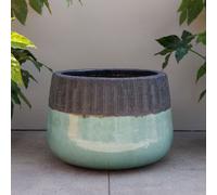 Primrose Low Round Glazed Brooklyn Outdoor Planter in Two Tone 40cm in Blue Primrose Blue