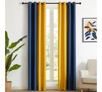 PRIMROSE Navy Blue Yellow Linen Curtains 84 inch Long for Living Room Set of 2 Panels Blackout Thermal Insulated Room Darkening Ombre Curtains Window Drapes for Bedroom Grommet