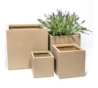Primrose Outdoor Fibrecotta Sand Beige Cube Garden Planter Pots Medium 30cm³ (15.7in³)