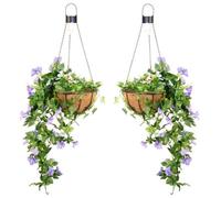 Primrose Pair Of Artificial Duranta Purple Flowers Hanging Basket With Solar Light 26Cm