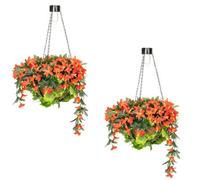 Primrose Pair Of Artificial Duranta Red Flowers Hanging Basket With Solar Light 26Cm