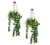 Primrose Pair Of Artificial Duranta White Flowers Hanging Basket With Solar Light 26Cm