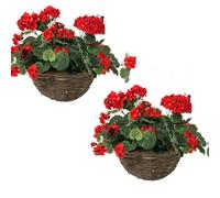 Primrose Pair Of Large Artificial Geranium Flowers Rattan Hanging Basket Decoration Red 30Cm