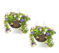 Primrose Premium Large Artificial Outdoor Hanging Baskets With Flowers (White, Purple & Pink Petunia, Set of 2)