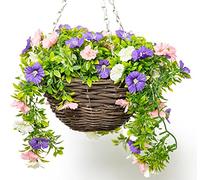 Primrose Premium Large Artificial Outdoor Hanging Baskets With Flowers (White, Purple & Pink Petunia, Set of 1)
