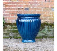 Primrose Rib Textured Glazed Terracotta Round Planter In Glossy Royal Blue 22Cm