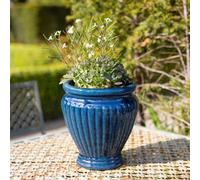 Primrose Rib Textured Glazed Terracotta Round Planter In Glossy Royal Blue 65Cm