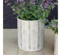 Primrose Set Of 2 Metal Leaf Design Cylinder Decorative Planters In Cream 24Cm