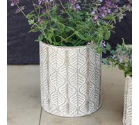 Primrose Set of 2 Metal Leaf Design Cylinder Decorative Planters in Cream in Beige Primrose Beige