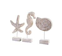 Primst 3pcs Mediterranean Style Wooden Resin Crafts Seahorse Conch Shells Starfish Ornaments,Desktop Figurines Beach Style Decor for Home Decor (3PCS,Wood color)
