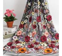 Primst 51.2" Width Flower Colorful Embroidered Lace Trim 3D Appliqué Embroidery Lace Fabric for DIY Handmade Clothing Evening Dress Home Decoration (Black)