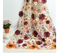 Primst 51.2" Width Flower Colorful Embroidered Lace Trim 3D Appliqué Embroidery Lace Fabric for DIY Handmade Clothing Evening Dress Home Decoration (Apricot)