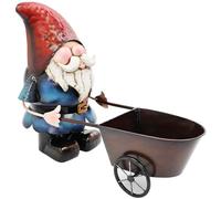 Primus Metal Gnome with Wheelbarrow Planter Garden Ornament Sculpture Gift, Hand Painted, 40 x 13 x 30cm