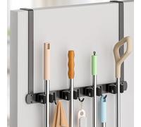 PrimZooty Broom Holder Over the Door - 304 Stainless Steel Mop Broom Holder, Wall Mounted or Hanging Over the Door with Hooks - Broom Hanger, Tool Organizer for Closet Garage Laundry Kitchen Decor