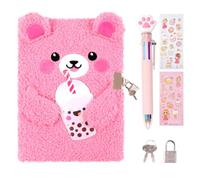PrinBarBee Bear Diary with Lock,Cute Diary for 6 7 8 Year Old Girl,Kids Journal Notebook Set with Multicolored Pen,Plush Secret Diary Lined 160 Pages,Christmas Birthday Set for Kids