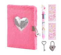 PrinBarBee Heart Diary for Girls with Lock and Keys, Cute Plush Diary Secret Diary, Writing Journal Lined Pages Notebook Sequined Design Birthday Gift Set for Kids ages 6-8